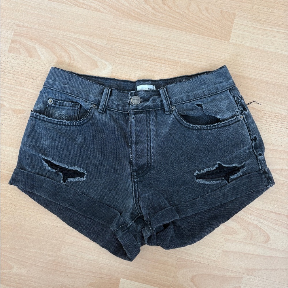 Amuse Society Distressed Black Denim Shorts Sz 27, 15.5” waist, 2.5” inseam
